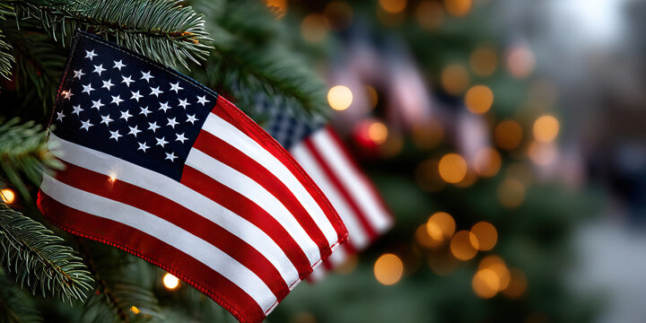 Winter festive patriotic small American flag on evergreen branch with holiday lights creating warm cozy mood