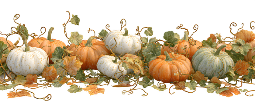 Elegant autumn harvest pumpkins with vines, perfect for seasonal designs, fall celebrations, and Thanksgiving themes, ready for your festive creations - Powered by Adobe