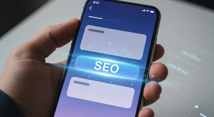 Hand holding mobile phone with digital seo button on screen. search engine marketing strategy using mobile technology for business optimization and online presence