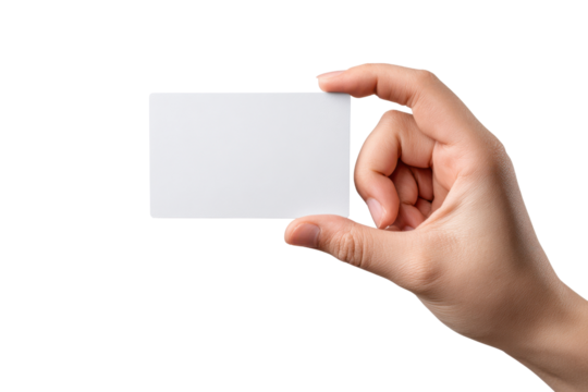 Hand holding blank white rectangular card against black background image, Isolated On Transparent Background, Png