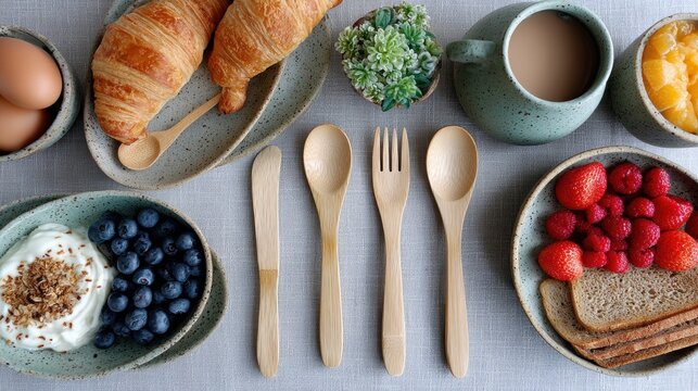 Healthy breakfast spread with croissants and fresh fruits on a grey table