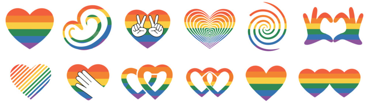 gay pride rainbow heart flag icon set