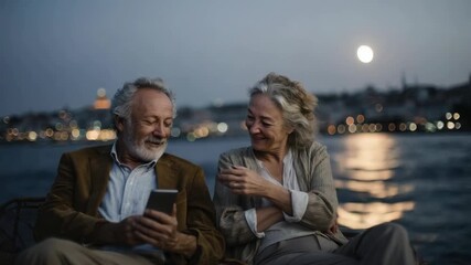 Elderly couple enjoys a romantic evening by the water while using their smartphone and watching the moon - Powered by Adobe