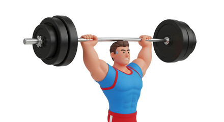 Muscular man lifting heavy barbell overhead in silhouette