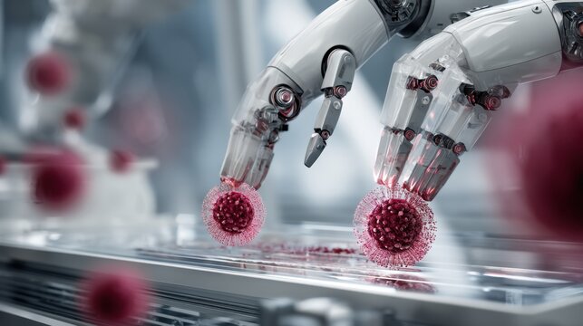 Robotic hands interacting with virus-like structures in a futuristic laboratory setting showcasing advanced technology