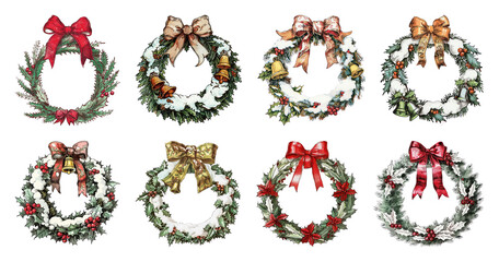 PNG Festive wreaths with bows, element set on transparent background