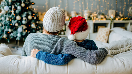 Two people sitting on a couch wearing festive hats in front of a Christmas tree