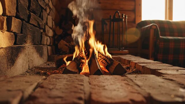 Cozy Fireplace Burning Warm Flames Inside a Rustic Living Room with Stone Wall and Natural Light