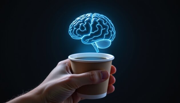 Hand holding coffee cup with glowing blue holographic human brain hologram above