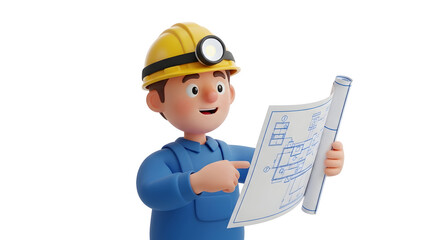 Cartoon construction worker in hard hat examining blueprints silhouette