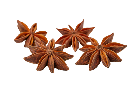 Four star anise spice pods arranged on a black background food ingredient, Isolated On Transparent Background, Png