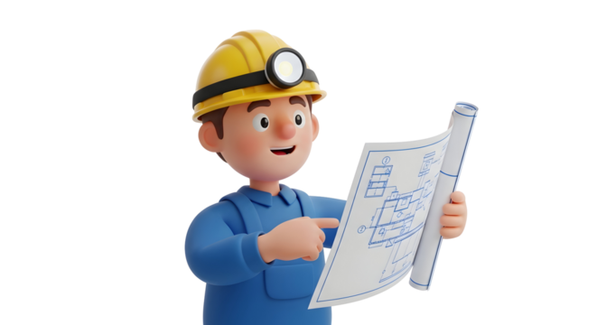 Cartoon construction worker in hard hat examining blueprints silhouette