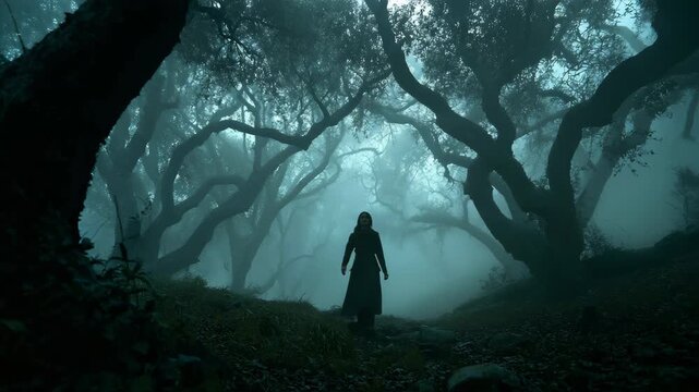 A woman explores a dark and foreboding forest, a dense fog, the trees are deformed and grotesque