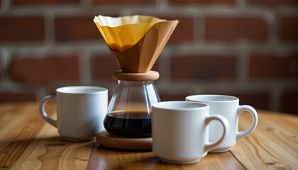 Pour over coffee brewing setup featuring a wooden dripper carafe with dark coffee and white mugs