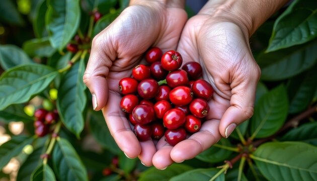 Hands holding freshly harvested ripe red coffee cherries above a growing coffee plant with green leaves