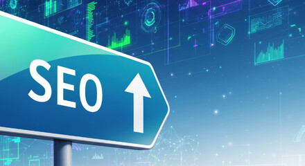 Blue road sign for SEO points upward representing growth for digital marketing search engine. This optimistic direction shows website traffic strategy and internet ranking