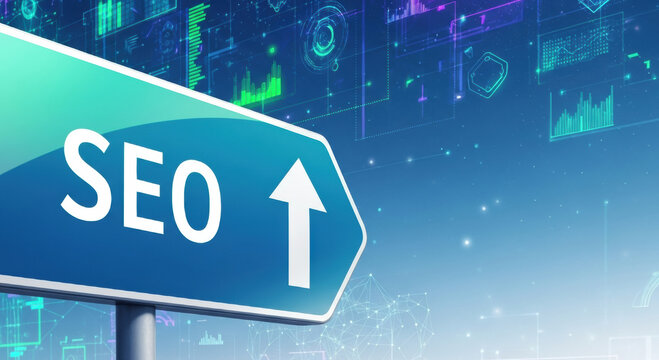 Blue road sign for SEO points upward representing growth for digital marketing search engine. This optimistic direction shows website traffic strategy and internet ranking