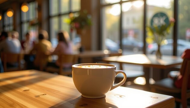 White cup of latte coffee with heart art rests on a sunlit wooden table inside a cafe