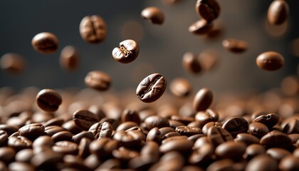 Rich brown roasted coffee beans falling onto a pile with shallow depth of field