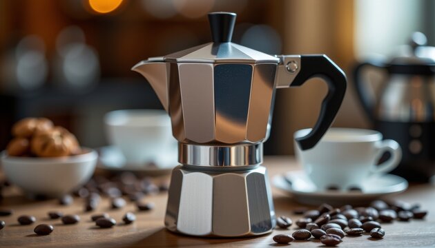 Shiny metallic stovetop espresso maker sits on a wooden surface surrounded by roasted coffee beans