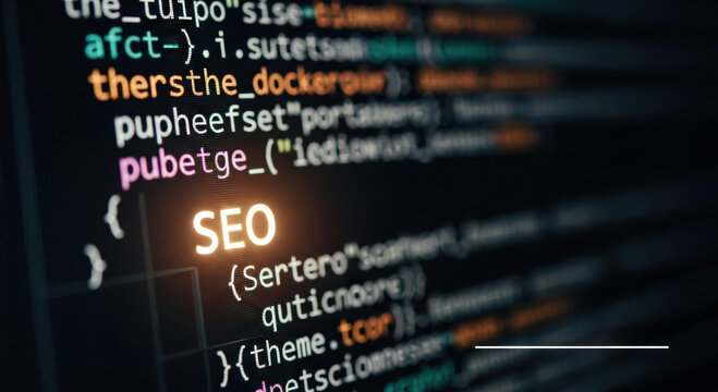 SEO or search engine optimization text over programming code on computer screen. Internet technology highlighting data analysis and search engine strategy for better website rank