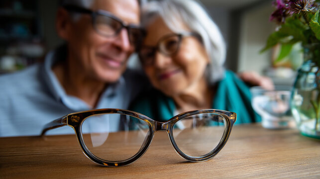 Faceless detail shot of quirky glasses worn by seniors as they sit close together, background softly defocused to highlight warmth and connection, with copy space