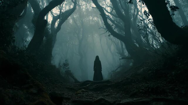 A woman explores a dark and foreboding forest, a dense fog, the trees are deformed and grotesque