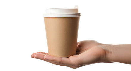 Female hand holding a paper cup of coffee isolated on transparent background