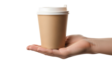 Female hand holding a paper cup of coffee isolated on transparent background