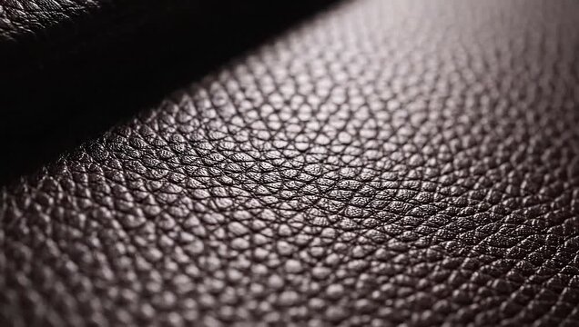 Close-up macro shot of rich brown textured leather, showcasing intricate grain patterns and a luxurious feel