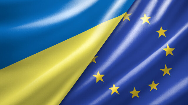 Ukraine and European Union two national flags filling the entire frame, close-up view, edge-to-edge composition