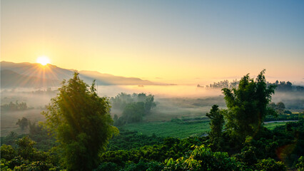 The beautiful landscape of the sunrise, The sun's rays through the clouds at the top of the hill and the Rice fields Faint fog, Chiang Rai Thailand