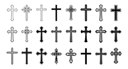 Diverse Collection of Religious Crosses Symbolizing Faith Hope and Spirituality Represented in Black and White Vector Illustrations for Graphic Design and Religious Projects