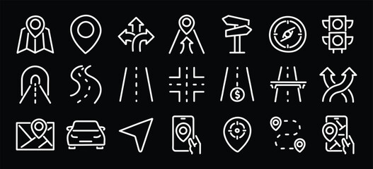 Navigation and roads related editable stroke outline icons set isolated on black background flat vector illustration. Pixel perfect. 64 x 64.