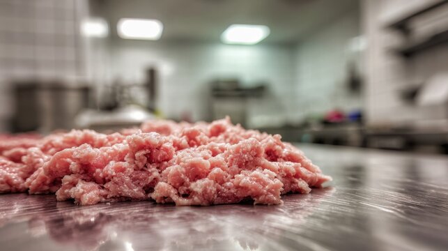 Fresh Ground Meat on Stainless Steel Surface: A close-up captures a pile of fresh, ground meat on a gleaming stainless steel surface.
