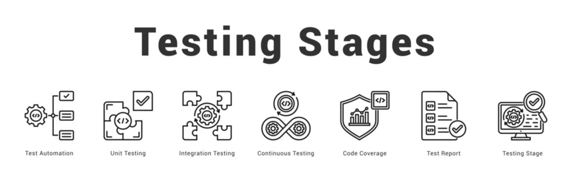 Testing Stages Modern and clean web banner illustration featuring thematic icons for visual communication