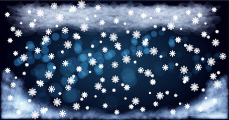 Snowflakes falling softly against a dark blue background with a hint of mist and clouds during a winter evening