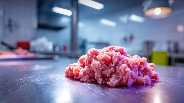 Raw Minced Meat on a Metal Surface: A close-up shot of raw minced meat, freshly prepared, sits prominently on a sleek, metallic surface in a commercial kitchen environment, under soft. - Powered by Adobe