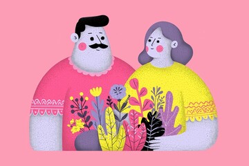 Illustration of a couple with a mustached man and a woman, both smiling while holding a vibrant bouquet of flowers. Floral arrangement and cheerful colors.