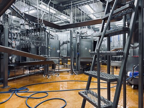 Automated stainless steel machinery and conveyor system inside a modern, hygienic poultry or meat processing plant. The industrial environment features a metal staircase and yellow safety floor 