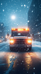 Emergency ambulance driving through snowy winter night road