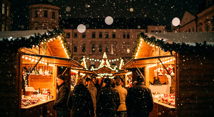Naklejka premium Christmas night market, people shopping, Christmas lights