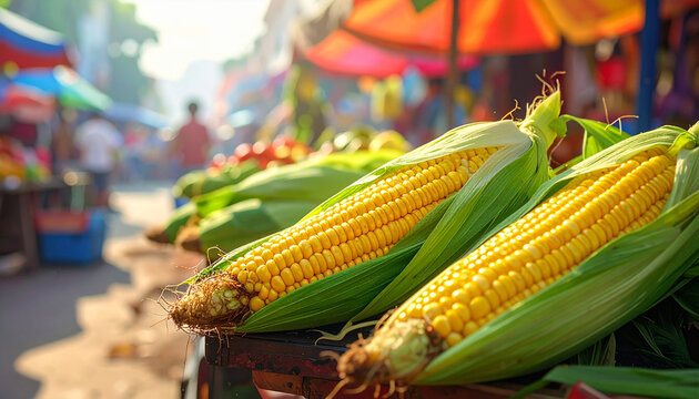 Fresh corn on the cob with husks at an outdoor market stall maize food