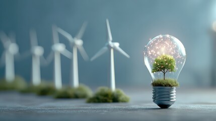 Eco-friendly light bulb featuring a small tree inside, symbolizing renewable energy, sustainability, and green technology with wind turbines in the background