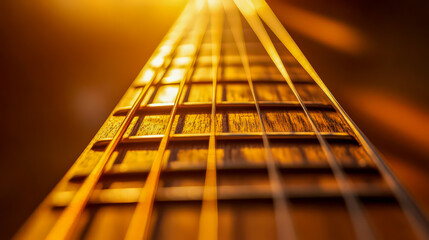 Closeup golden light shining across detailed guitar strings texture