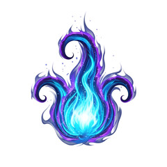 Vibrant magical flame with swirling blue and purple fire on a clean white background.