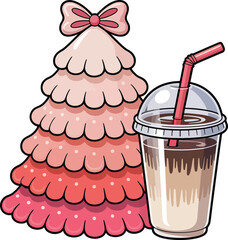Pink Layered Christmas Tree with Bow and Iced Coffee – Cute Holiday Vector
