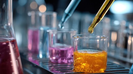 Colorful Chemical Reactions in Laboratory Glassware with Droppers and Vibrant Liquid Solutions for Scientific Exploration and Experimentation