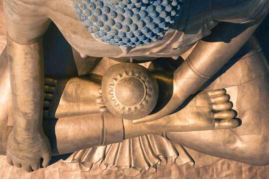 Aerial view of the golden Buddha Dordenma statue, a majestic monument of great proportions overlooking the valley, Thimphu, Thimphu, Bhutan.