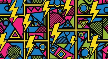 Stickers  A vibrant and energetic retro abstract pattern featuring geometric shapes and electric lightning bolts  © ossama
